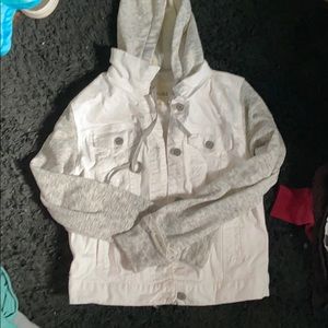 grey and white jean jacket